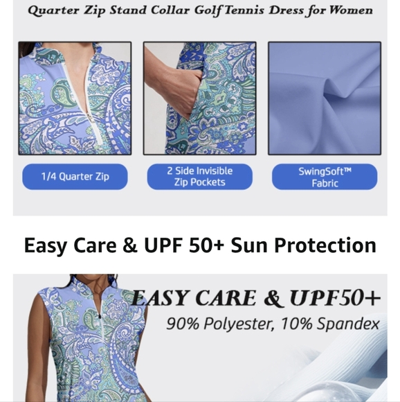 ACEGOLFS Blue Paisley Sleeveless Dress 2 Pockets Pickellball/Golf NWT Size Small - Picture 8 of 10